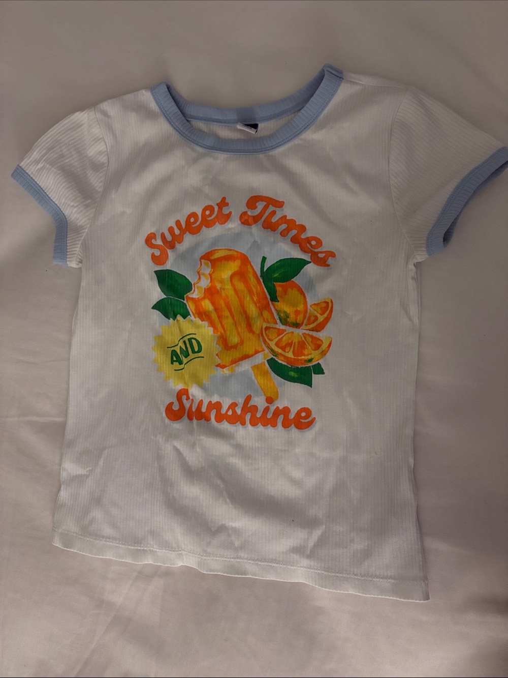 Old Navy White Tee with Blue Trim and Orange Graphic